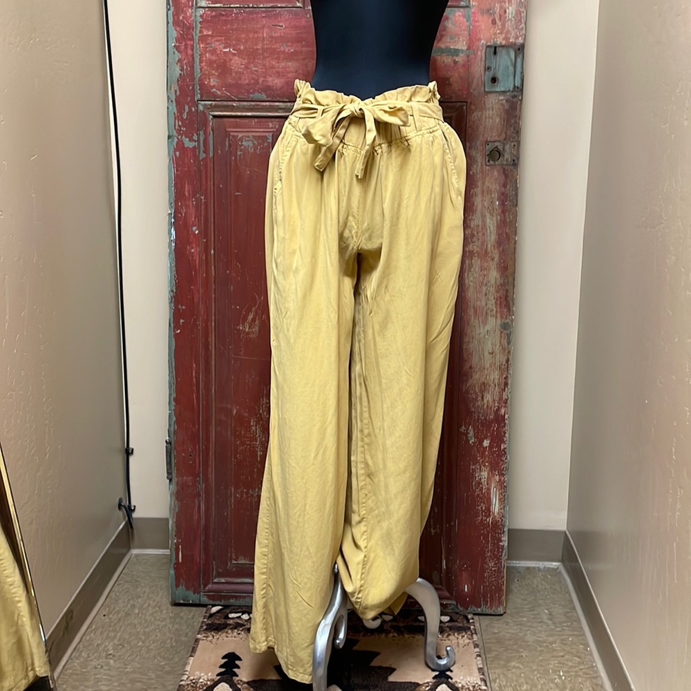 Thread + supply mustard yellow flowy tie waist paper bag pants